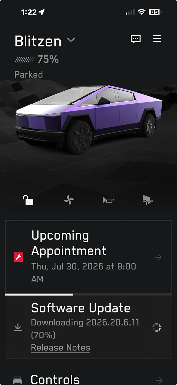 Tesla Cybertruck 2026.20.6.11 Update now downloading. Screenshot 2026-07-23 at 1.22.21 PM