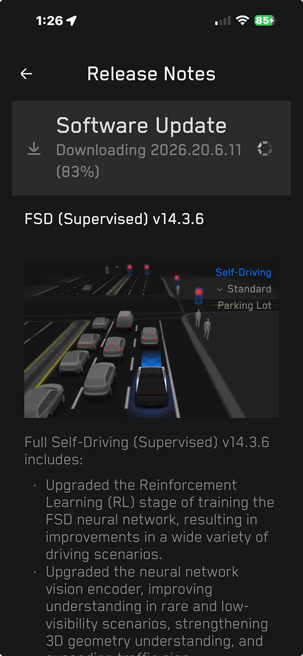 Tesla Cybertruck 2026.20.6.11 Update now downloading. Screenshot 2026-07-23 at 1.26.22 PM