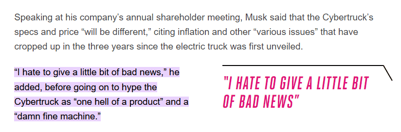 Tesla Cybertruck Musk: "Cybertruck pricing and specs will be different, but it will be a damn fine product." Screenshot 2022-08-05 150948