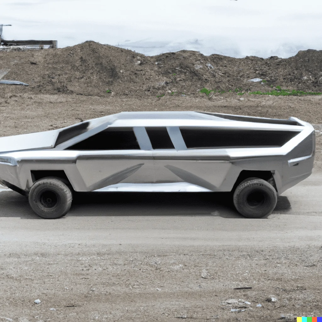 Tesla Cybertruck DALLE x Cybertruck DALL·E 2022-08-16 19.09.27 - A zoomed out photo showing the side view of a futuristic silver 