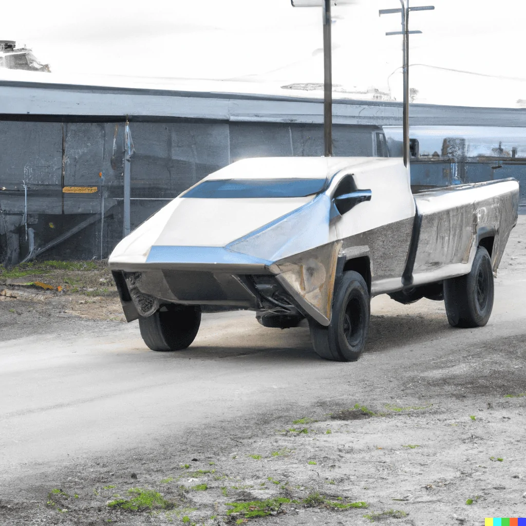 Tesla Cybertruck DALLE x Cybertruck DALL·E 2022-08-16 19.08.25 - A zoomed out photo showing the side view of a futuristic silver 