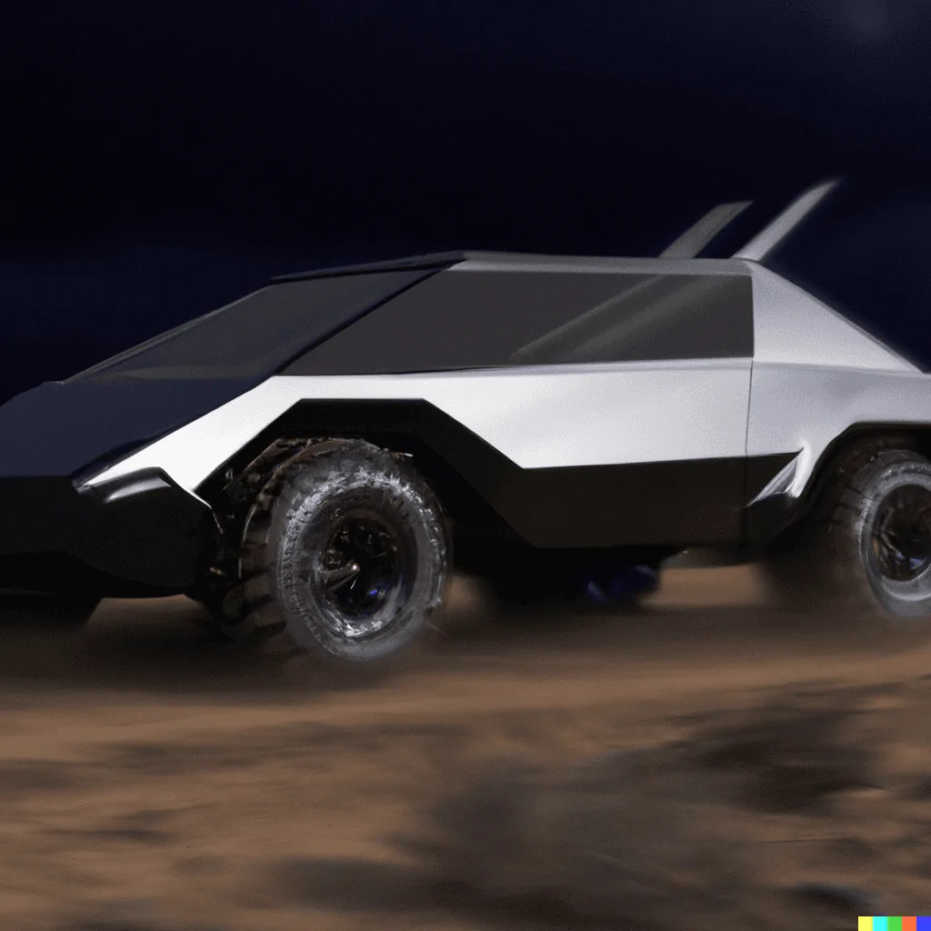 Tesla Cybertruck DALLE x Cybertruck DALL·E 2022-08-16 19.04.45 - A zoomed out photo showing the side view of a futuristic silver 
