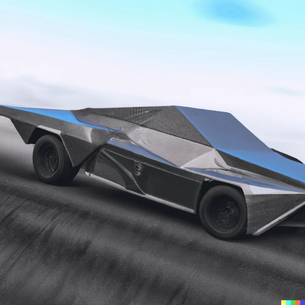 Tesla Cybertruck DALLE x Cybertruck DALL·E 2022-08-16 19.04.19 - A zoomed out photo showing the side view of a futuristic silver 