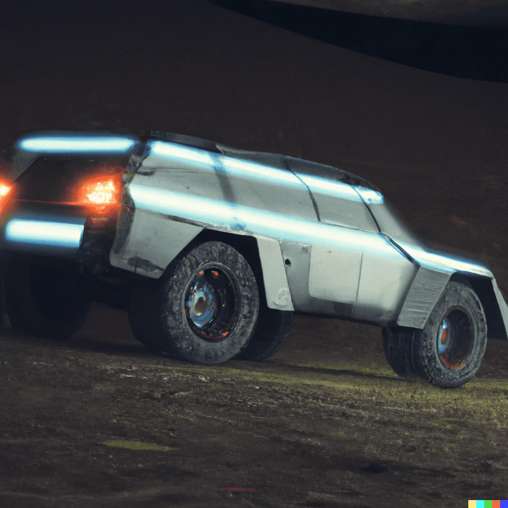 Tesla Cybertruck DALLE x Cybertruck DALL·E 2022-08-16 19.04.01 - A zoomed out photo showing the side view of a futuristic silver 