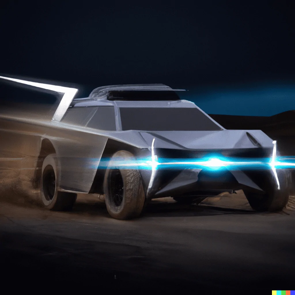Tesla Cybertruck DALLE x Cybertruck DALL·E 2022-08-16 19.03.45 - A zoomed out photo showing the side view of a futuristic silver 