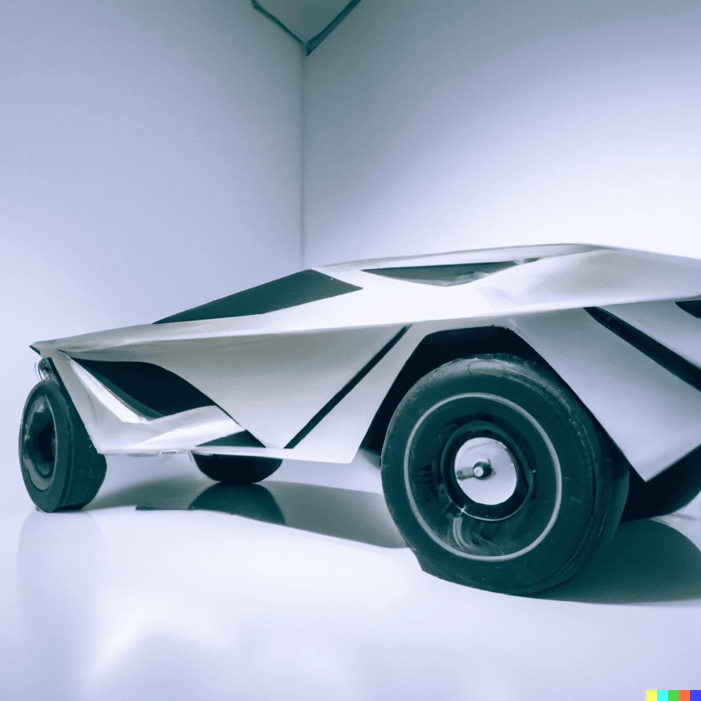 Tesla Cybertruck DALLE x Cybertruck DALL·E 2022-08-16 19.02.58 - A zoomed out photo showing the side view of a futuristic silver 