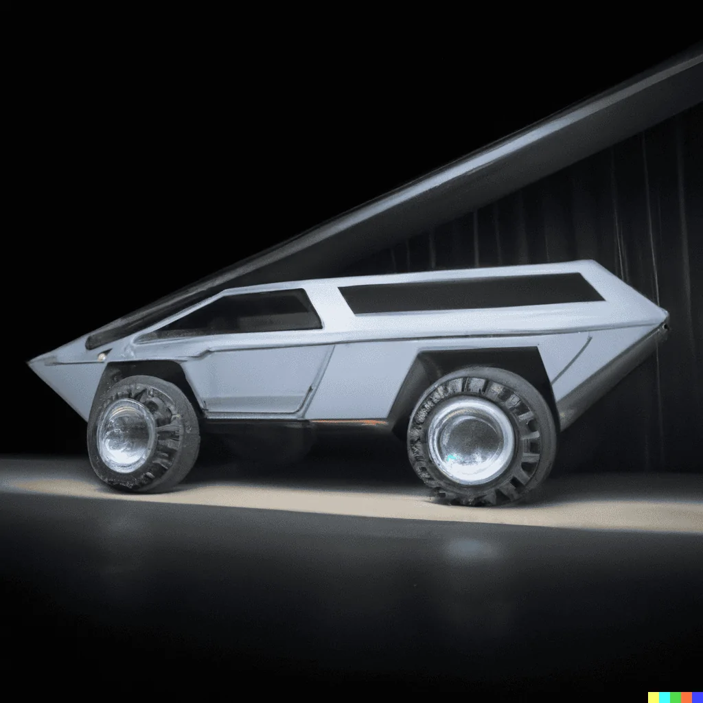 Tesla Cybertruck DALLE x Cybertruck DALL·E 2022-08-16 19.02.46 - A zoomed out photo showing the side view of a futuristic silver 