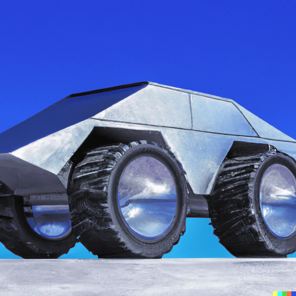 Tesla Cybertruck DALLE x Cybertruck DALL·E 2022-08-16 19.02.34 - A long shot photo showing the side view of a futuristic silver c
