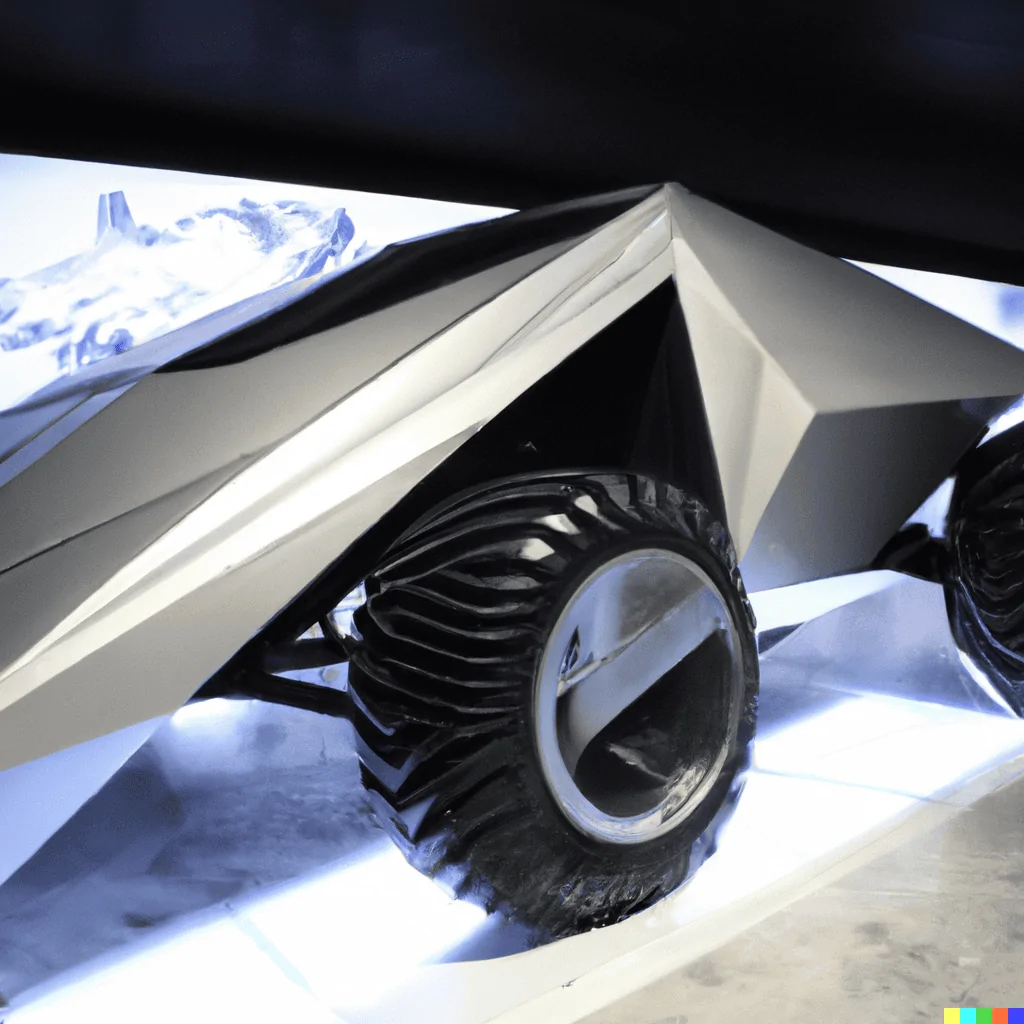 Tesla Cybertruck DALLE x Cybertruck DALL·E 2022-08-16 19.02.20 - A long shot photo showing the side view of a futuristic silver c