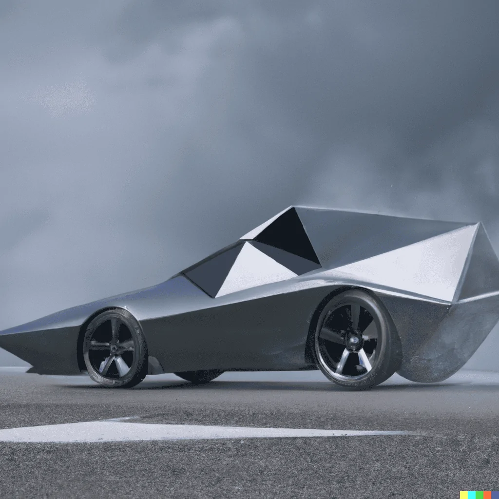 Tesla Cybertruck DALLE x Cybertruck DALL·E 2022-08-16 19.01.47 - A long shot photo showing the side view of a futuristic silver c