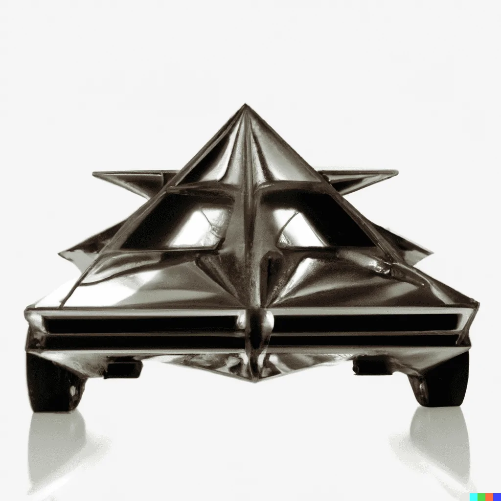 Tesla Cybertruck DALLE x Cybertruck DALL·E 2022-08-16 19.01.21 - A photo of a futuristic shiny metal car that looks like a triangl