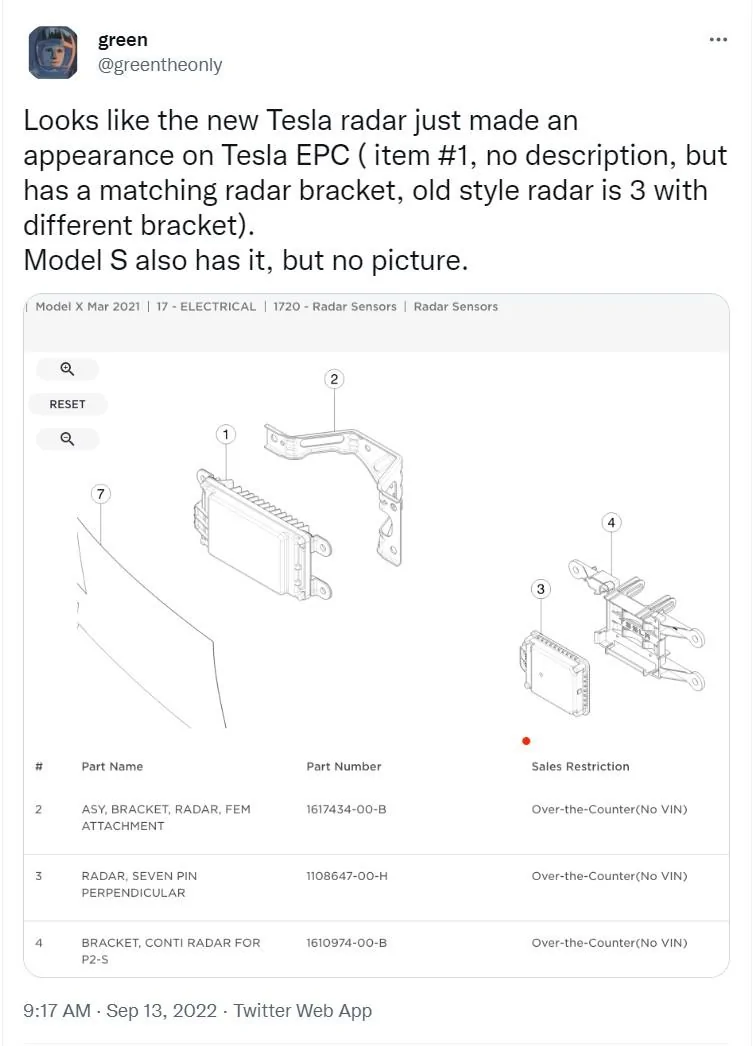 Tesla Cybertruck New Tesla radar in Tesla EPC matches FCC filing HW4.0 radar