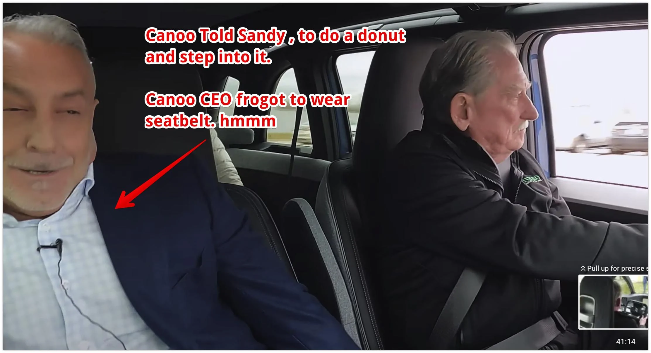 Tesla Cybertruck Sandy Munro talks to Canoo  Canoo Ceo No Seatbelt in Sandy's Donut turn