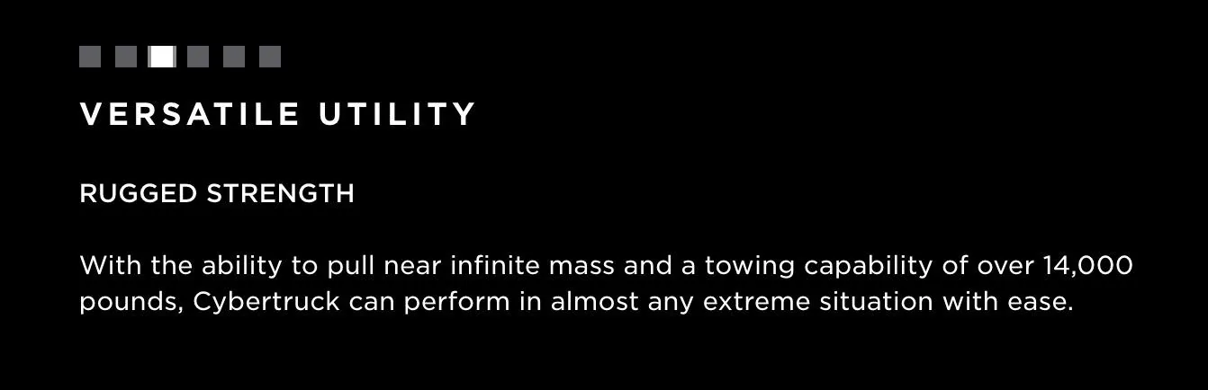 Tesla Cybertruck Article: Tesla advertising Cybertruck can pull “Near Infinite Mass” — What Does That Even Mean? Screenshot 2023-01-20 at 11.07.13 AM