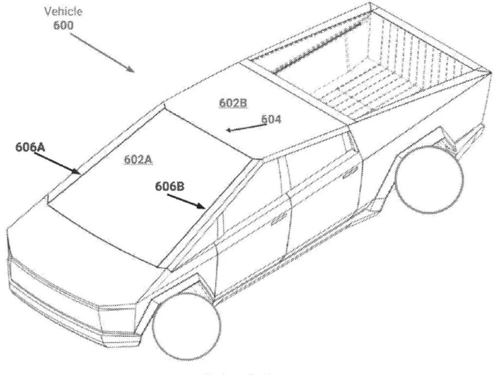 Tesla Cybertruck Tesla patents new windshield glass capable of novel bends, shapes and curves using Cybertruck as example Screenshot-2023-01-23-at-6.15.51-AM-e1674472642446