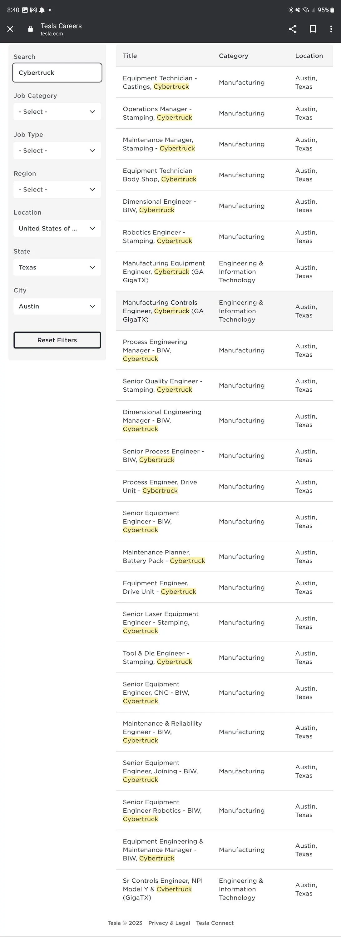 Tesla Cybertruck Cybertruck Production Line Jobs Are Being Posted! — 26 Total as of 3/7/23 Screenshot_20230306_084021_Chrom