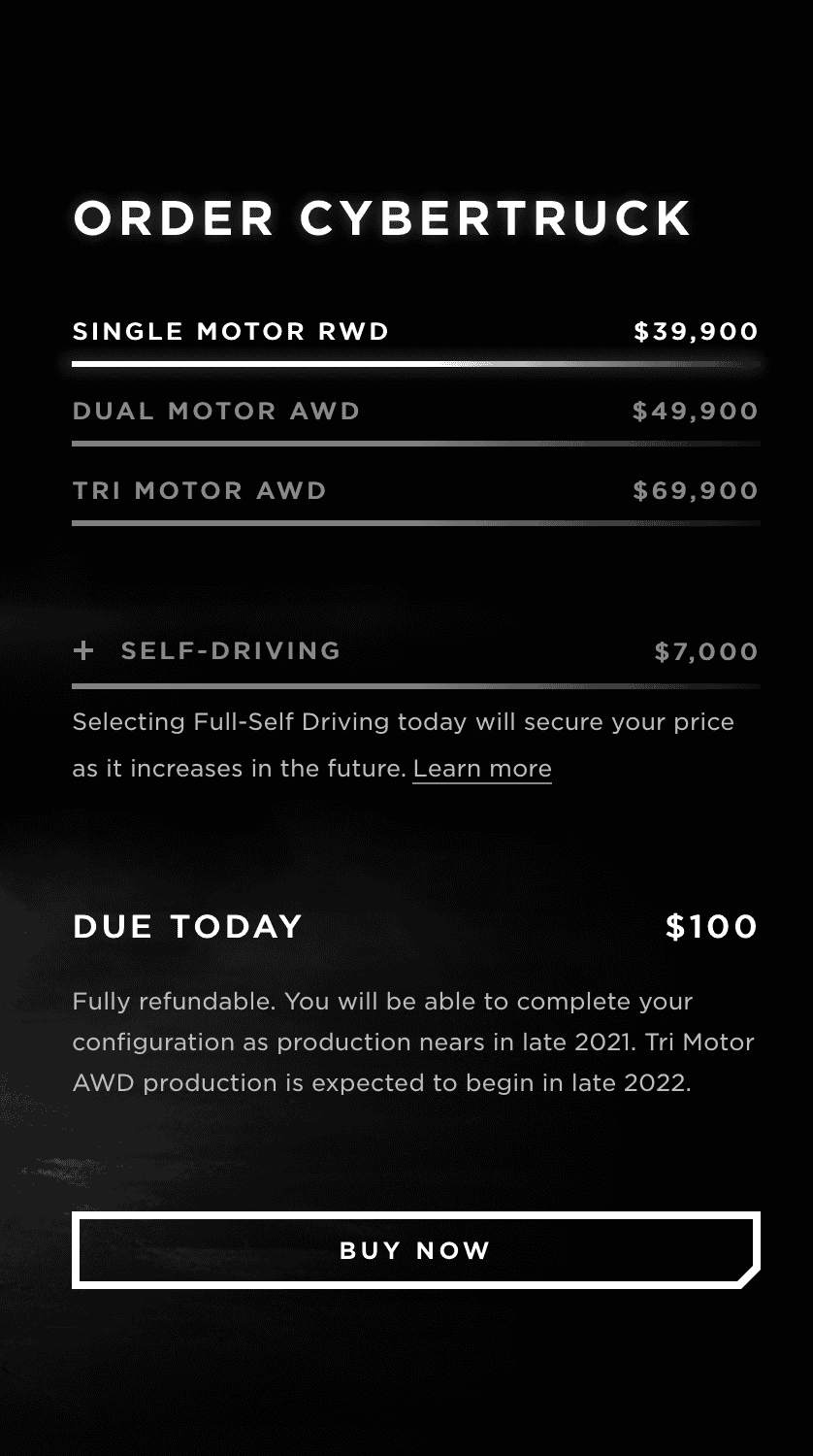 Tesla Cybertruck Honoring Original Estimated Pricing Screen Shot 2023-03-12 at 1.41.22 PM