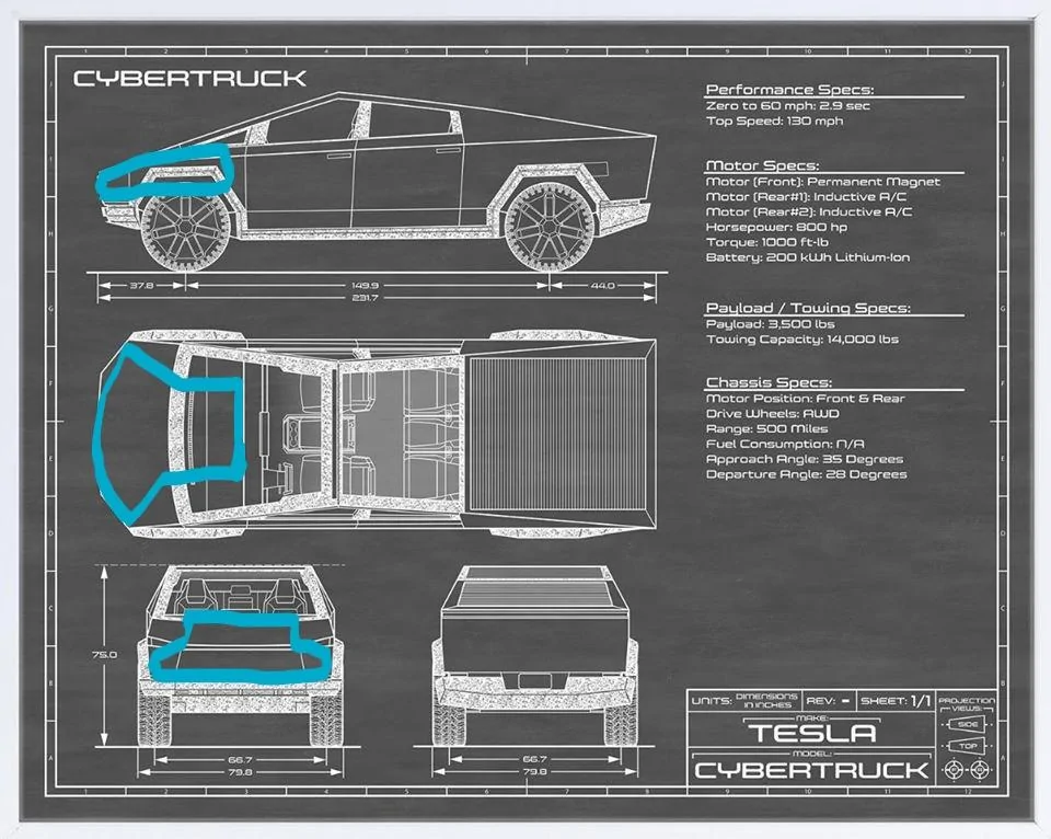 Tesla Cybertruck Official Cybertruck Accessory store is live!! Includes: Tailgate ramp, Basecamp, wrap, franz ball decal and more Cybertruck Blueprint (3)