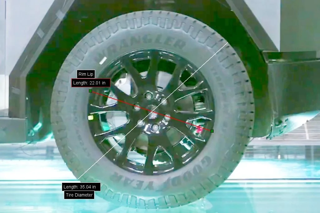 Tesla Cybertruck Crash Test Video Measurements For Cybertruck Dimensions CT wheel close adjusted