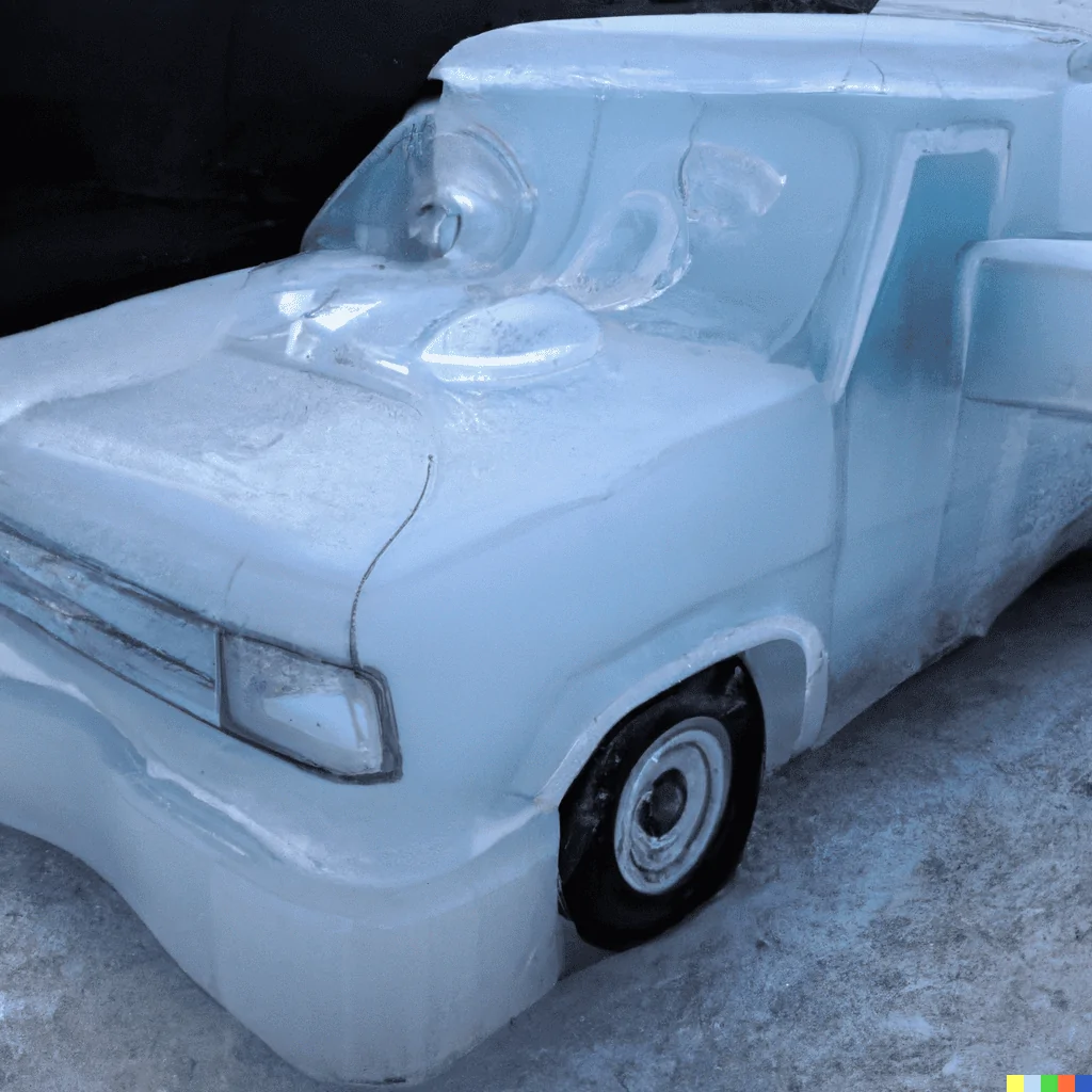 Tesla Cybertruck Ram 1500 REV - 350 mi (168 kWh)  & 500 mi (229 kWh) DALL·E 2023-04-08 11.07.07 - A pick up truck made of ice , funny_