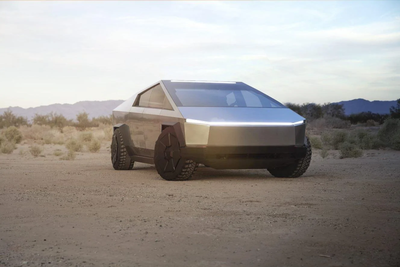 Tesla Cybertruck Steel wheels (steelies) and Wheel Force Transducers (precision measurement equipment) spotted on Cybertruck prototype 4/06/2023 frontlowered