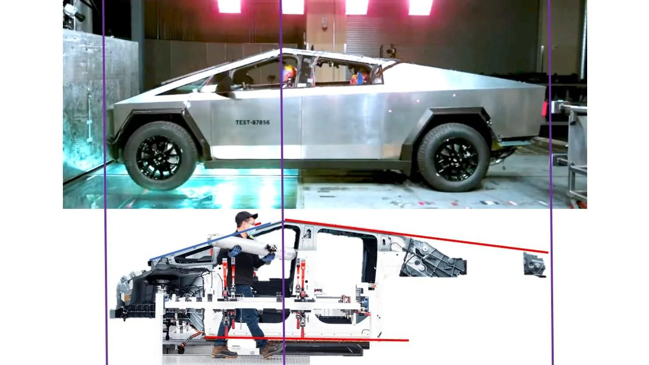 Tesla Cybertruck Cybertruck spotted with frunk open, revealing waterfall design! Slide1