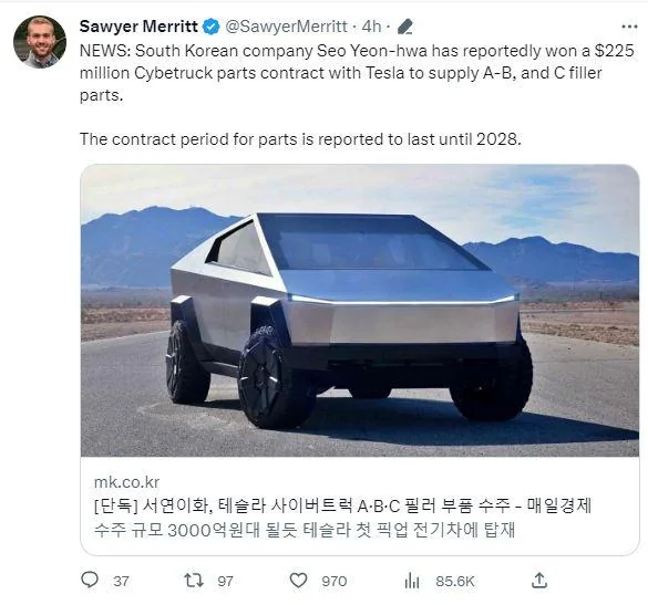 Tesla Cybertruck Cybertruck A/B/C Pillar Component Order Confirmed with Korean Supplier Seoyeon E-hwa Captur
