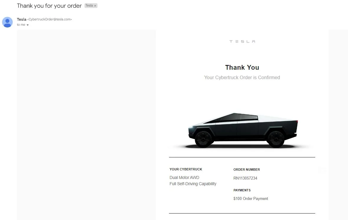 Tesla Cybertruck Can't find original reservation email Captur