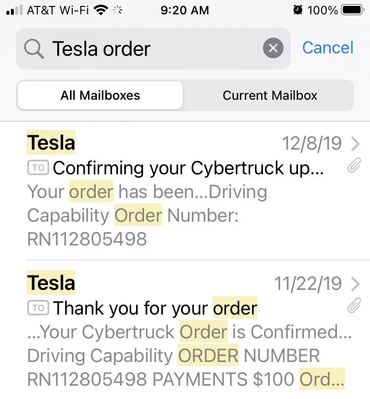 Tesla Cybertruck Can't find original reservation email IMG_1869