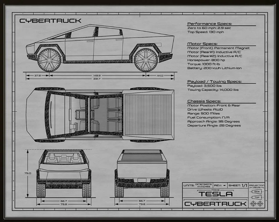 Tesla Cybertruck Cybertruck Concept Blueprint Art Cybertruck Blueprint inverted color