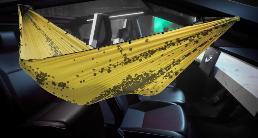 Tesla Cybertruck Sleeping in the cab cybertruck-interior hammock