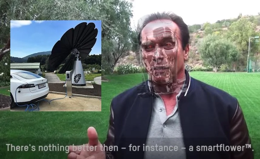 Tesla Cybertruck Solar DC input for charging Cybertruck from trailer panels Arnold and Smartflower cyborg