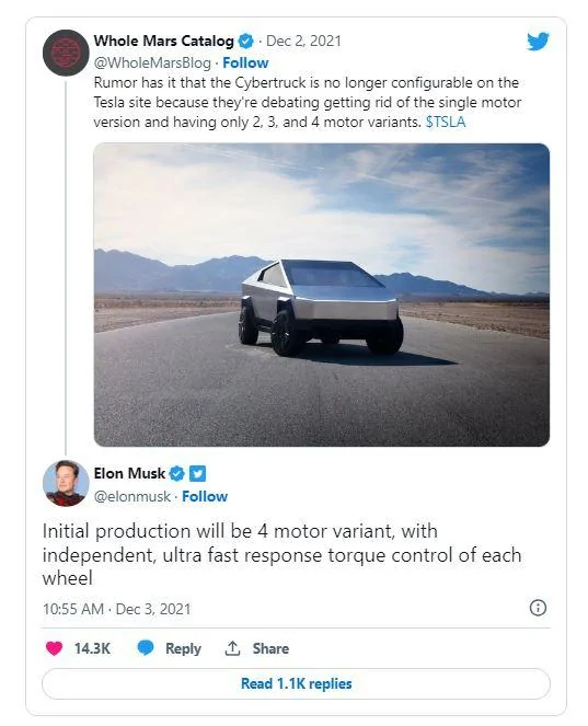 Tesla Cybertruck Hey, Elon! Which Cybertruck Motor Configuration Will Roll Off The Assembly Line First? When? elon