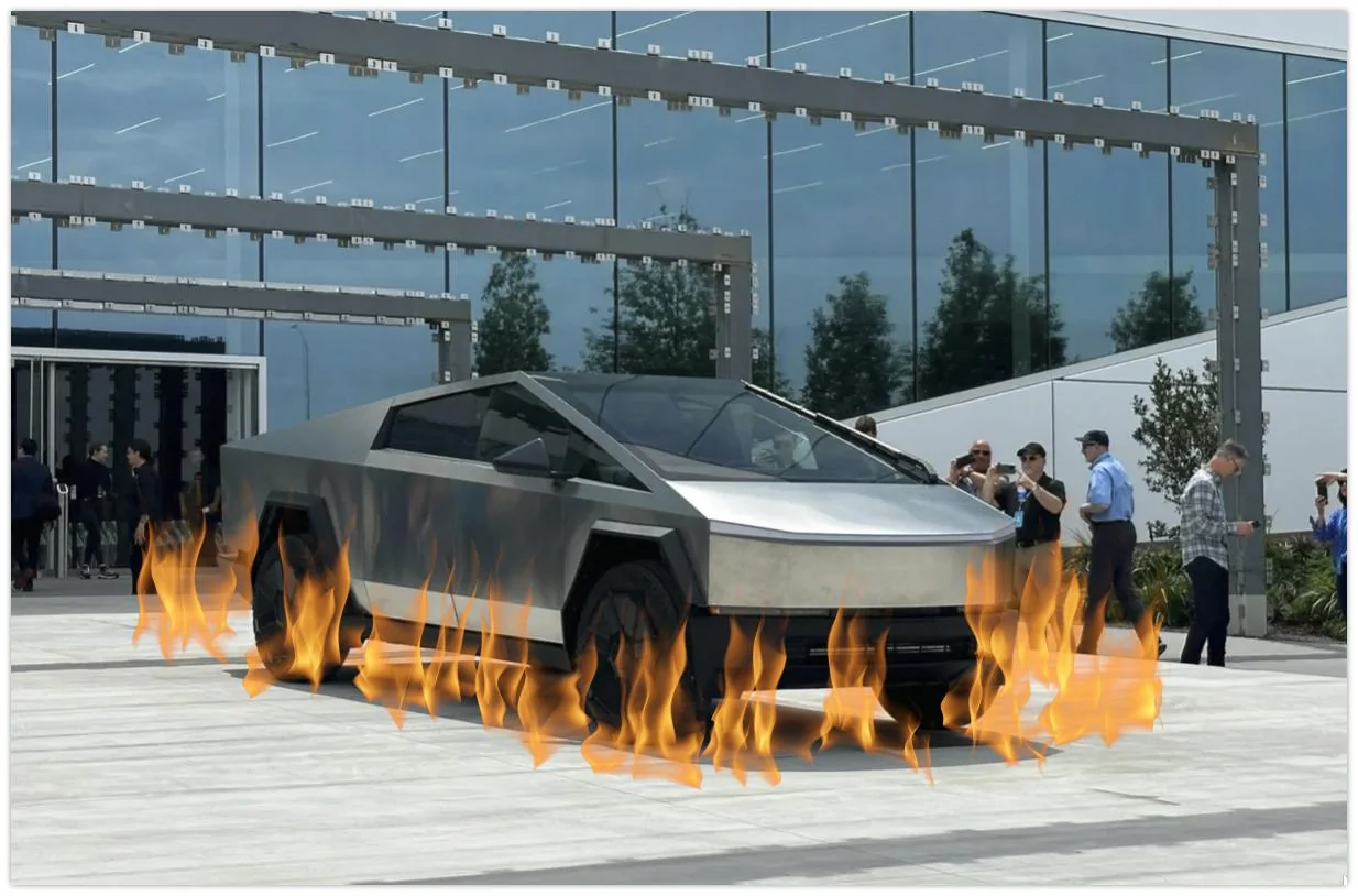 Tesla Cybertruck This is why Cybertruck and Supercharger network will win... Rivian burns down charging at Electrify America flaming hot