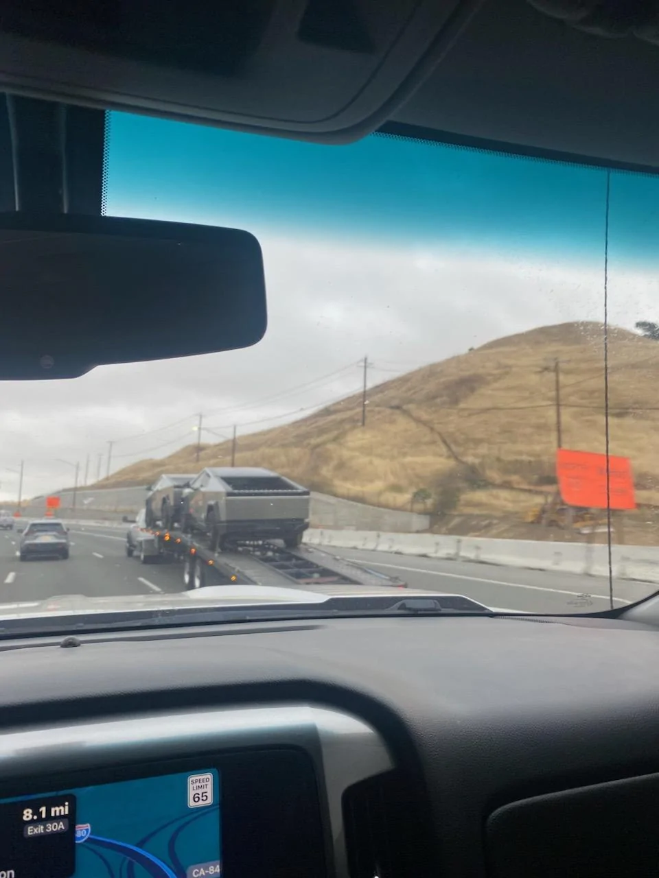 Tesla Cybertruck 2 CybertruckS (plural) Trailered Tow Through Stockton CA! Tesla Cybertruck tow towed towing trailer 3