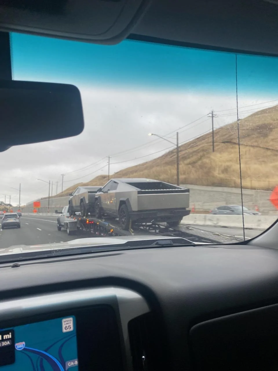 Tesla Cybertruck 2 CybertruckS (plural) Trailered Tow Through Stockton CA! Tesla Cybertruck tow towed towing trailer 2