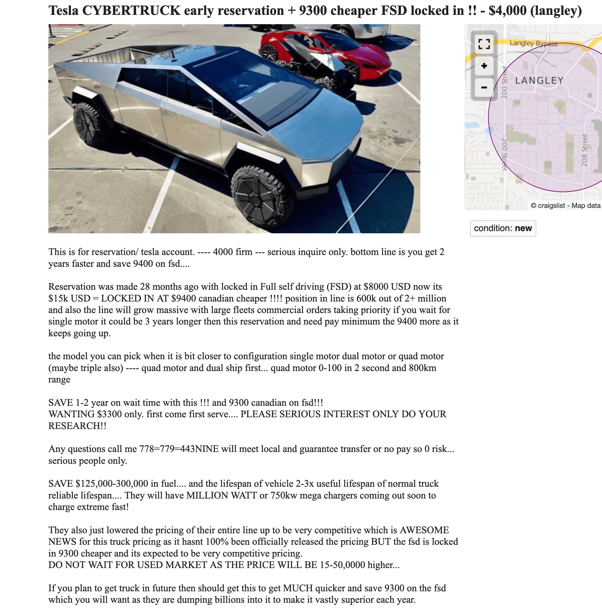 Tesla Cybertruck Someone's trying to sell their CT reservation on Craigslist Screenshot 2023-07-07 at 22-53-13 Tesla CYBERTRUCK early reservation 9300 cheaper FSD locked 
