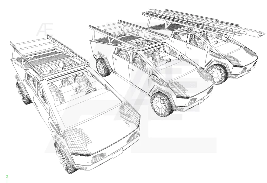 Tesla Cybertruck Cybertruck bed rack / tool rack + accessories (shovels) first look! 🧰 CT Racks Sketch 02