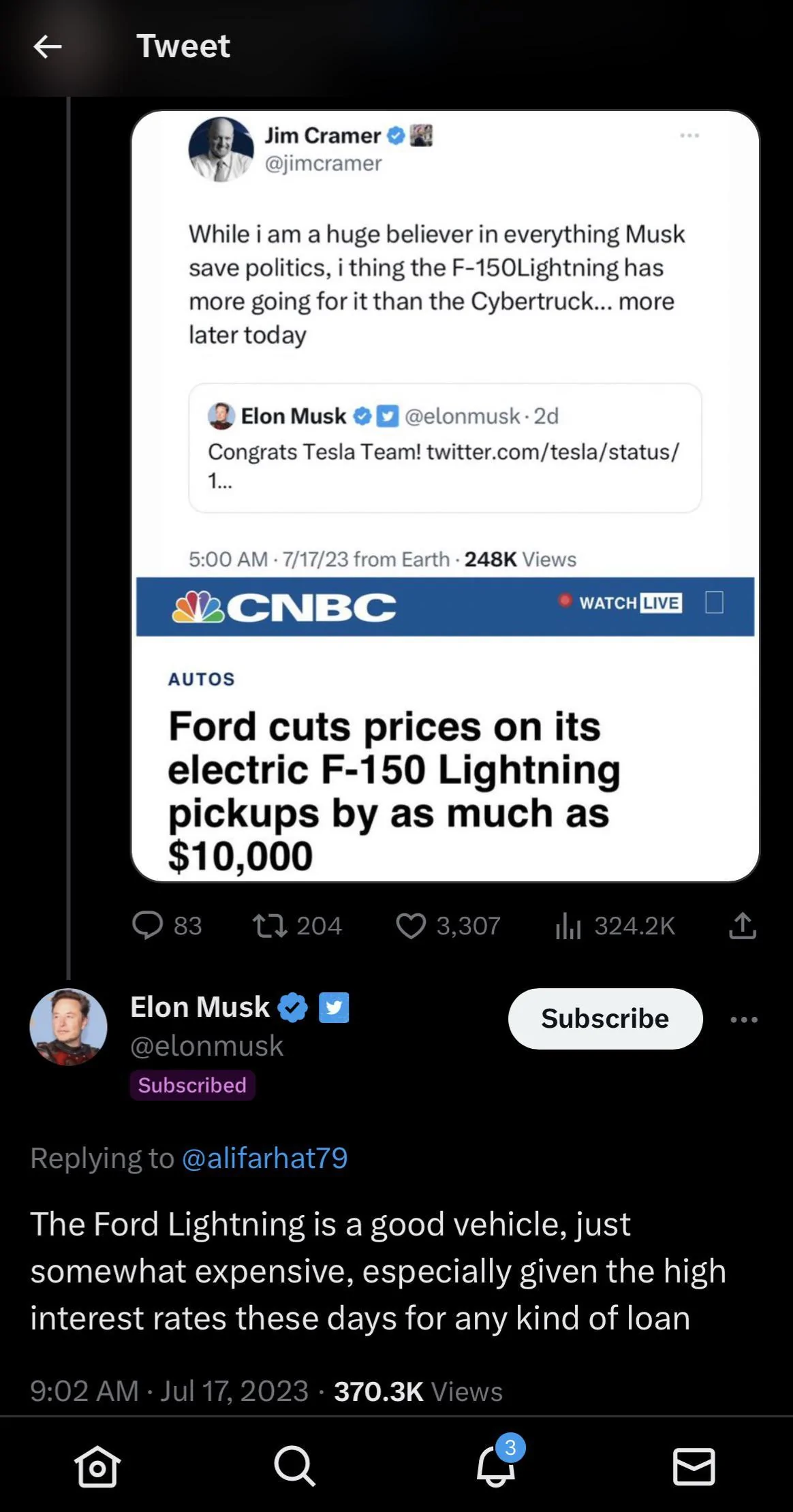 Tesla Cybertruck Cybertruck pricing hinted by Musk's comment on "expensive" F-150 Lightning (even after today's $10K price cut)? 🤔 is-elon-indicating-a-50k-cybertruck-v0-0edb8apy6kcb1