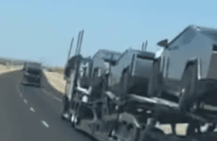 Tesla Cybertruck Semis transporting Cybertrucks spotted on freeway Car-Carrier-CT-Day