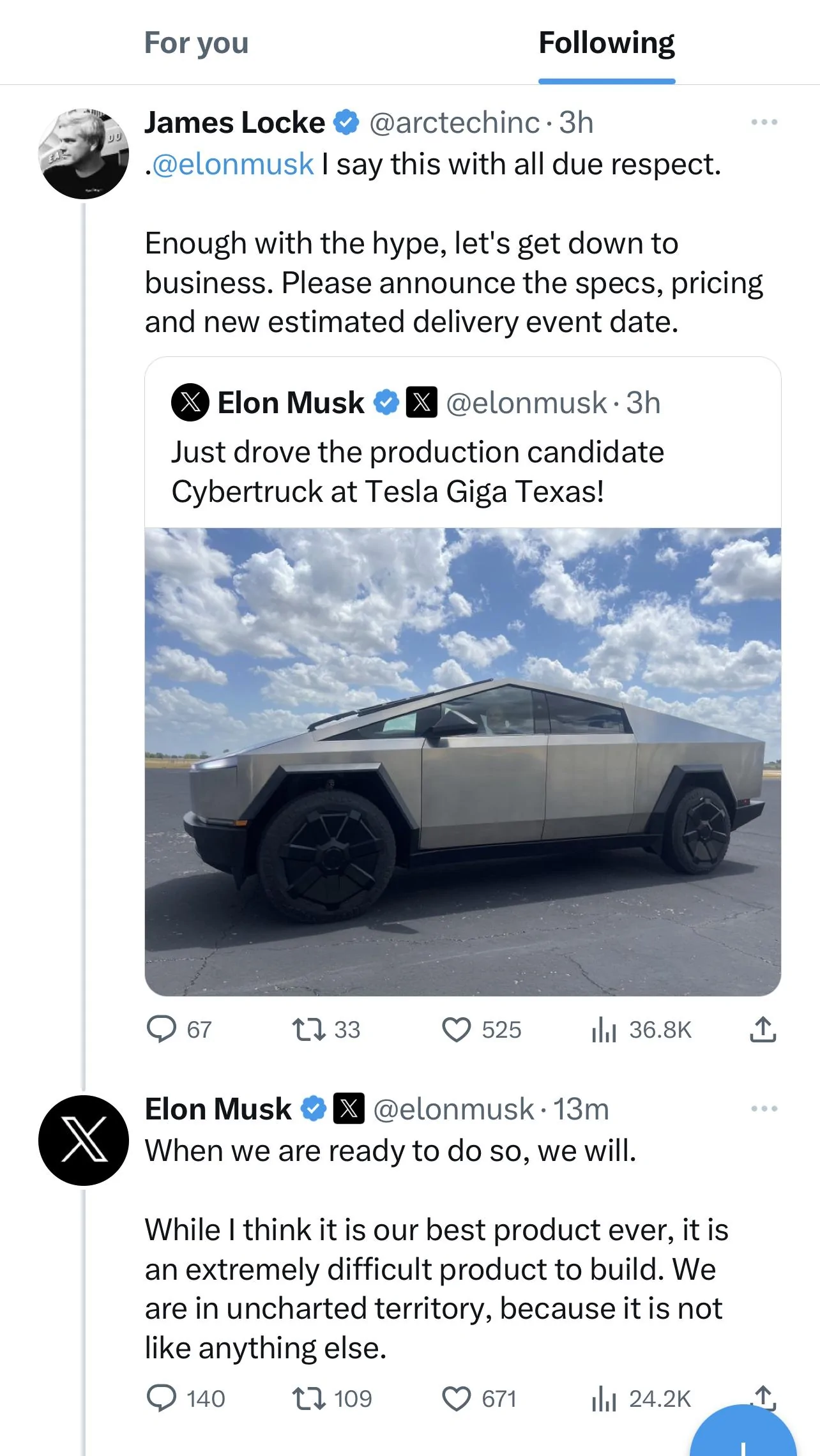 Tesla Cybertruck Musk responds to Cybertruck pricing and specs announcement question (8/23/23) 68FB276A-6326-43A8-86B2-3CB61D8CE59B