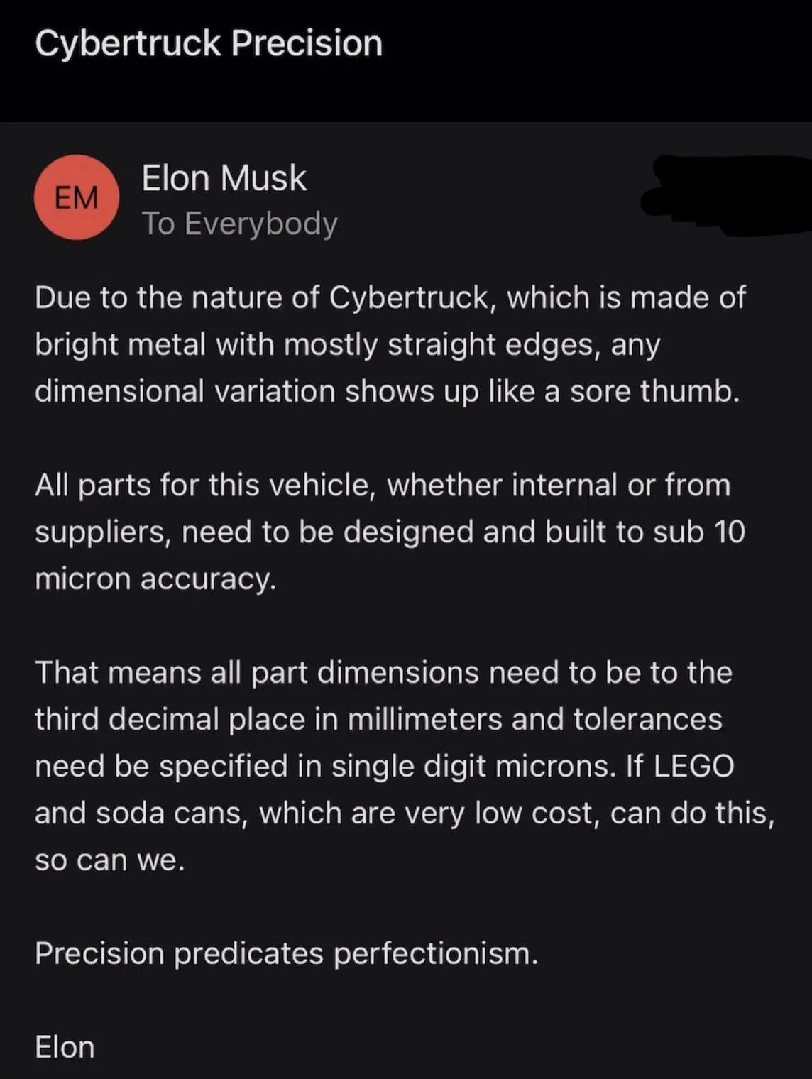 Tesla Cybertruck Elon sends employees email on Cybertruck build quality: accuracy & tolerances must be in microns -- "Precision predicates perfectionism." cybertruck precision build quality