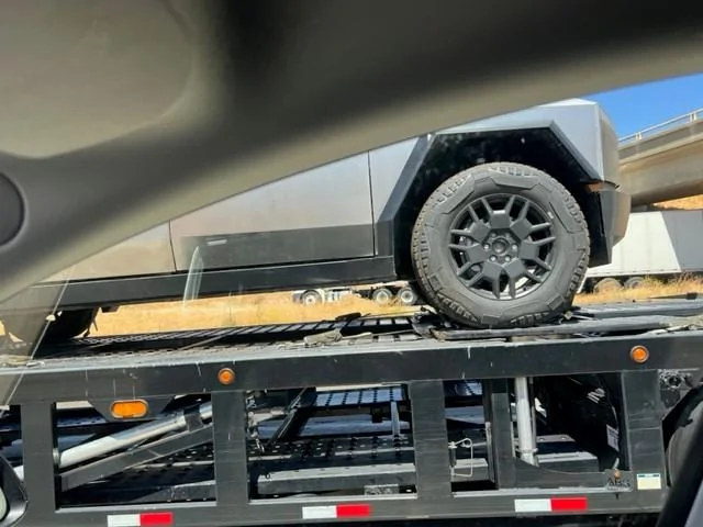 Tesla Cybertruck Cybertrucks spotted near Tracy, CA today. Wearing Goodyear LT285/65ZR/20 M&S tires cyber