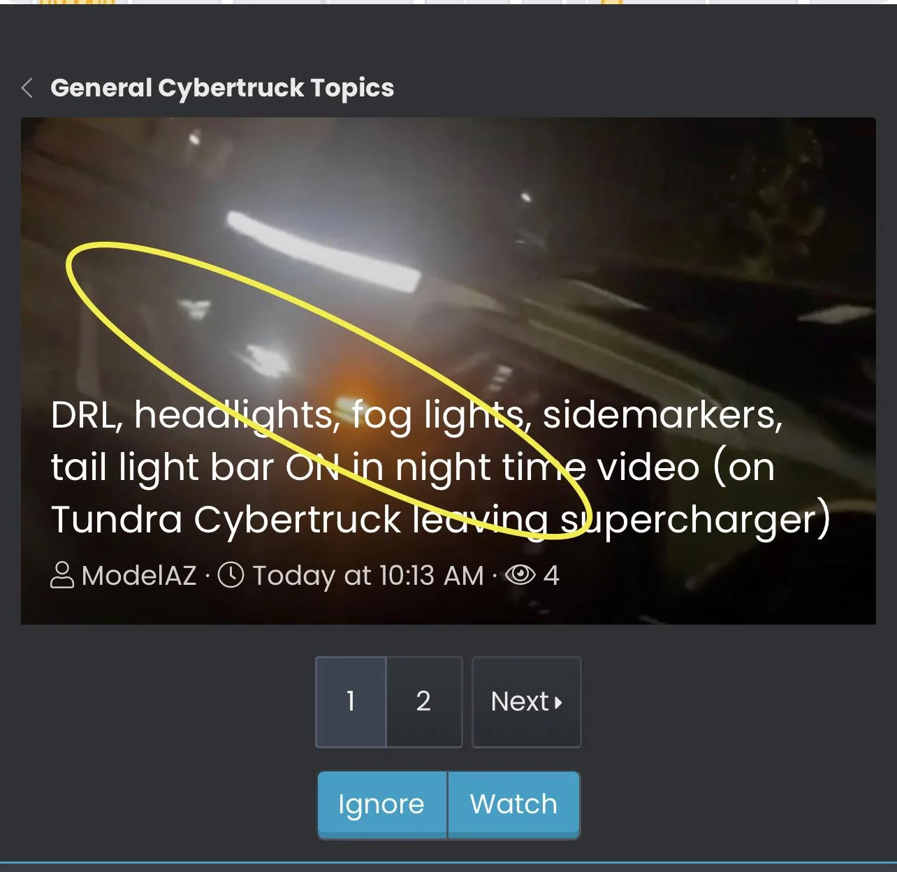 Tesla Cybertruck DRL, headlights, fog lights, sidemarkers, tail light bar ON in night time video (on Tundra Cybertruck leaving supercharger) 1663B454-BD75-4E03-9CB3-7DCF193CE6D3
