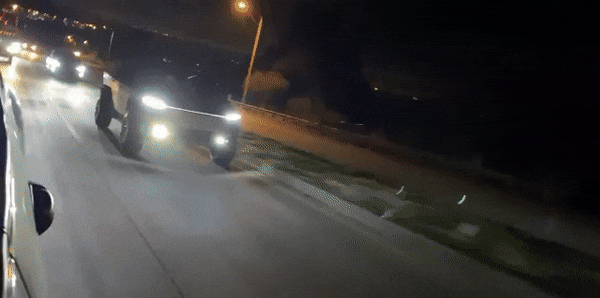 Tesla Cybertruck DRL, headlights, fog lights, sidemarkers, tail light bar ON in night time video (on Tundra Cybertruck leaving supercharger) elon-musk-driving-tesla-cybertruck-nov-2019