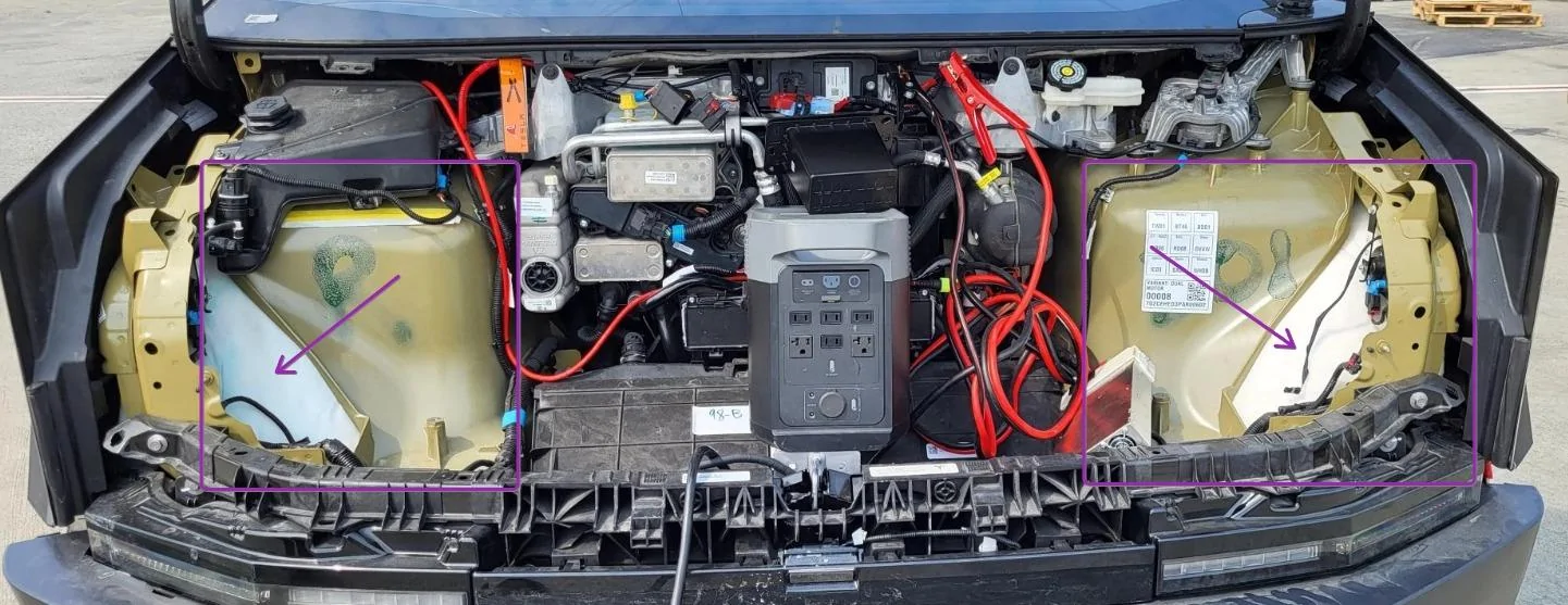 Tesla Cybertruck Closeups!! Dual Motor Cybertruck shows frunk open, alcantara headliner, perforated seats, rectangular steering wheel, VIN # (8/31 pics) frunk 2023-08-31 arrows