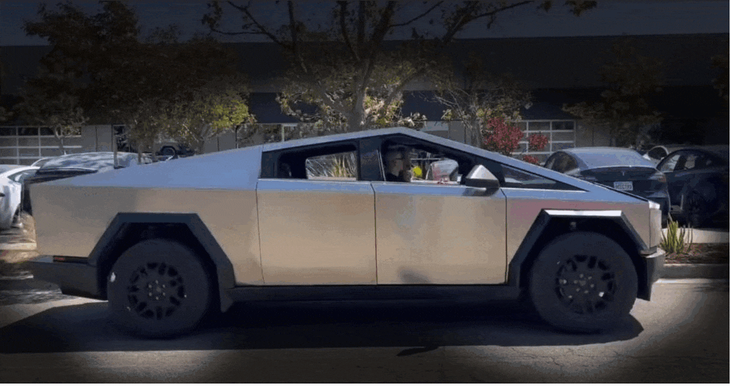 Tesla Cybertruck Closeups!! Dual Motor Cybertruck shows frunk open, alcantara headliner, perforated seats, rectangular steering wheel, VIN # (8/31 pics) chg x ezgif.com-gif-maker