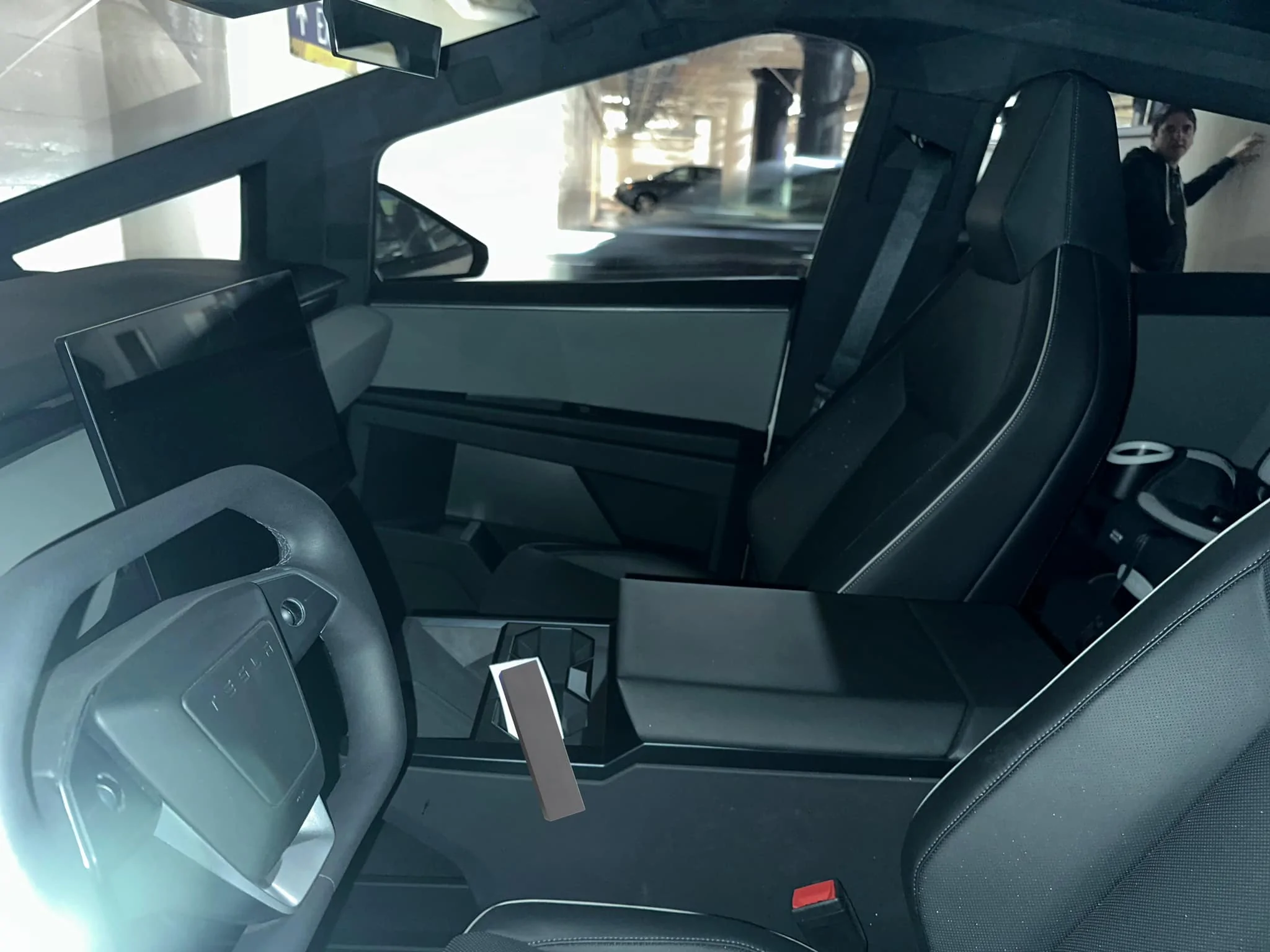 Tesla Cybertruck Cybertruck spotted parked in X (Twitter) building garage cybertruck interior front seats