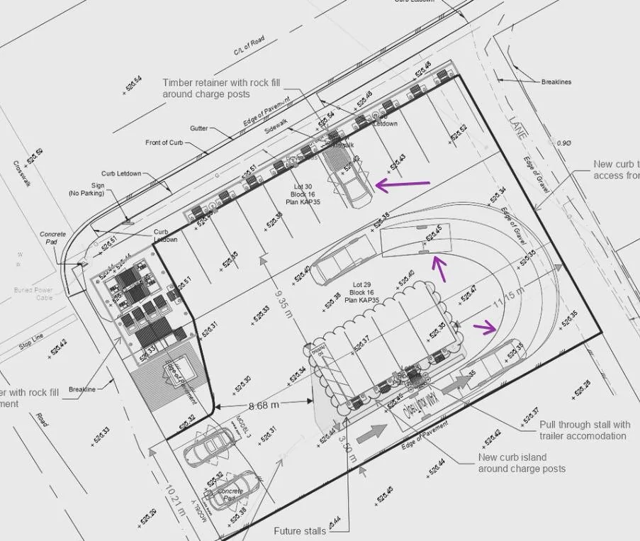 Tesla Cybertruck Cybertruck towing trailer seen in pull-through Supercharger design document apdDAkg