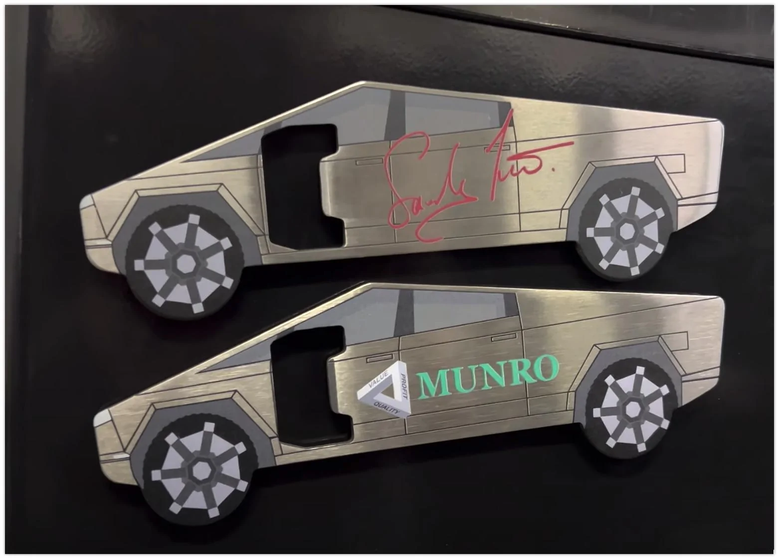 Tesla Cybertruck Sandy Munro bottle openers for sale / donation Contribute to the Cybertruck Teardown With Our New Bottle Openers! - YouTube ? 2023-09-19 11-